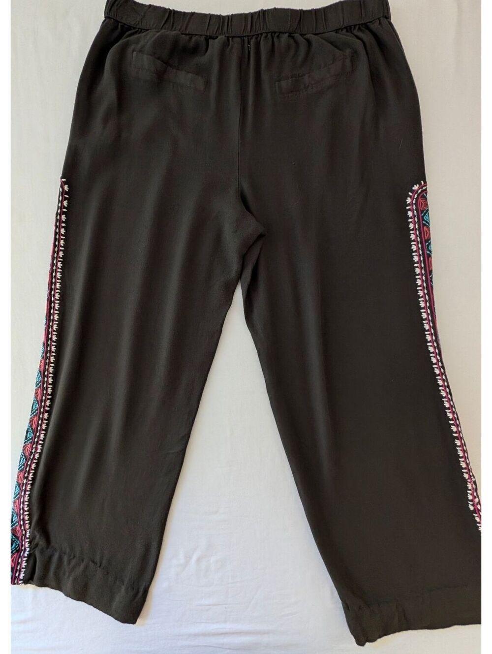 Time for Me Olive Green Wide-Leg Pants Embroidered Tribal Side Pattern, Size L